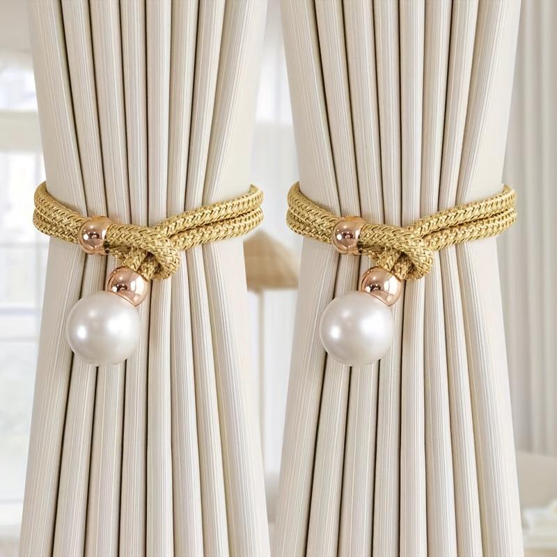 2 Stück Deluxe Französische Raffhalter mit glänzenden Kunstperlen-Akzenten - Elegantes Polyester, kein Bohren, verstellbare Kordel für exquisite Heimdekoration