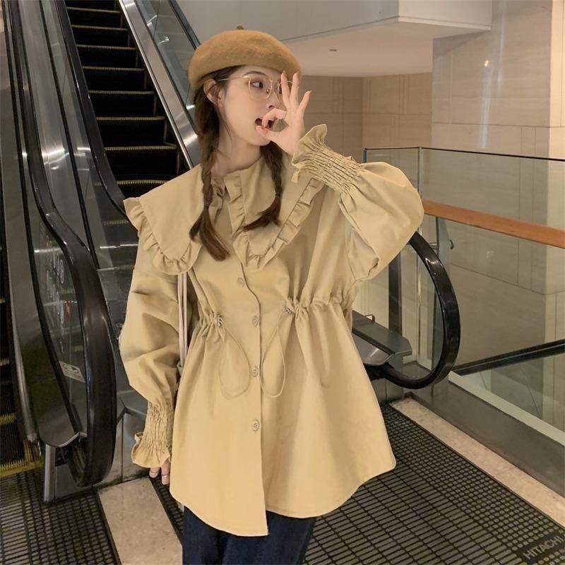 Elastic Waisted Women's Shirt Peter Pan Collar Ruffle Edge Lantern Sleeves Pleated Blouse Spring New Version Loose Female Top