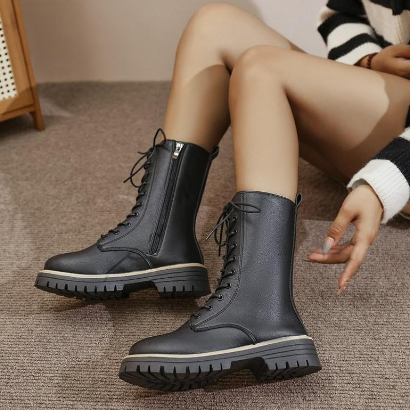 Lace-up Mid-calf Boots Autumn and Winter New Round Toe Side Zipper Non-slip Wear-resistant Thick Heels