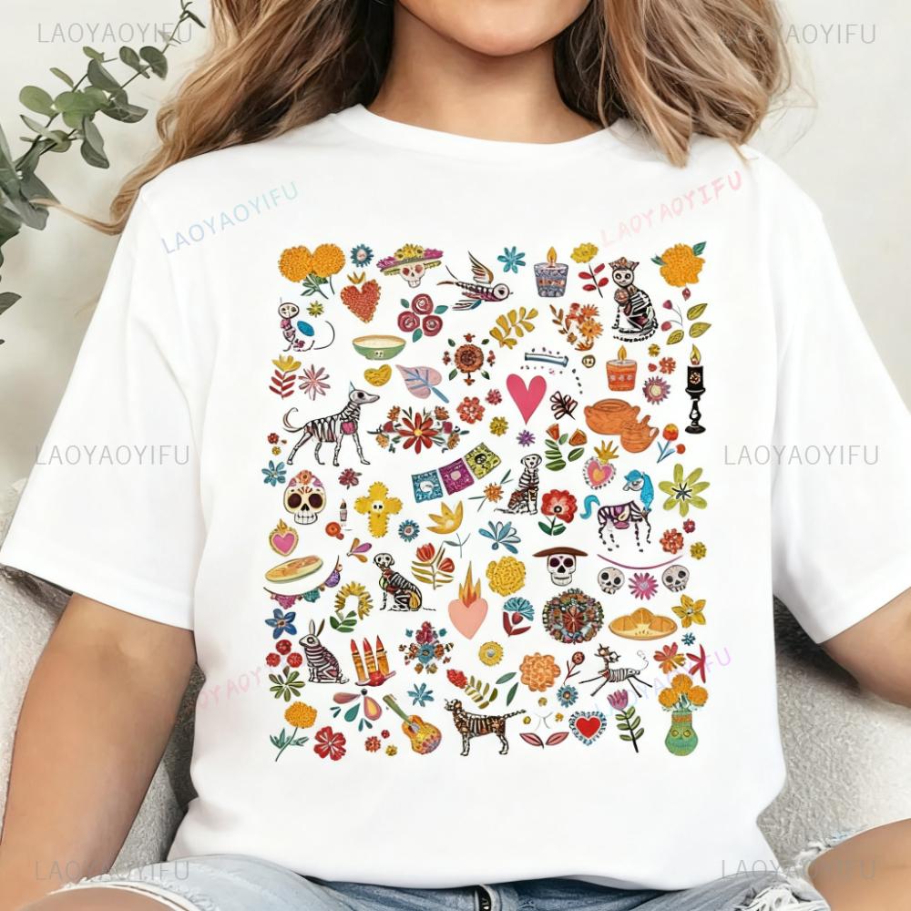 

Футболка День Мертвых Мексиканское Искусство Цветочная Футболка Dia De Los Muertos Латинская Рубашка Месяц Испанского Наследия Череп Женские Футболки Топы S