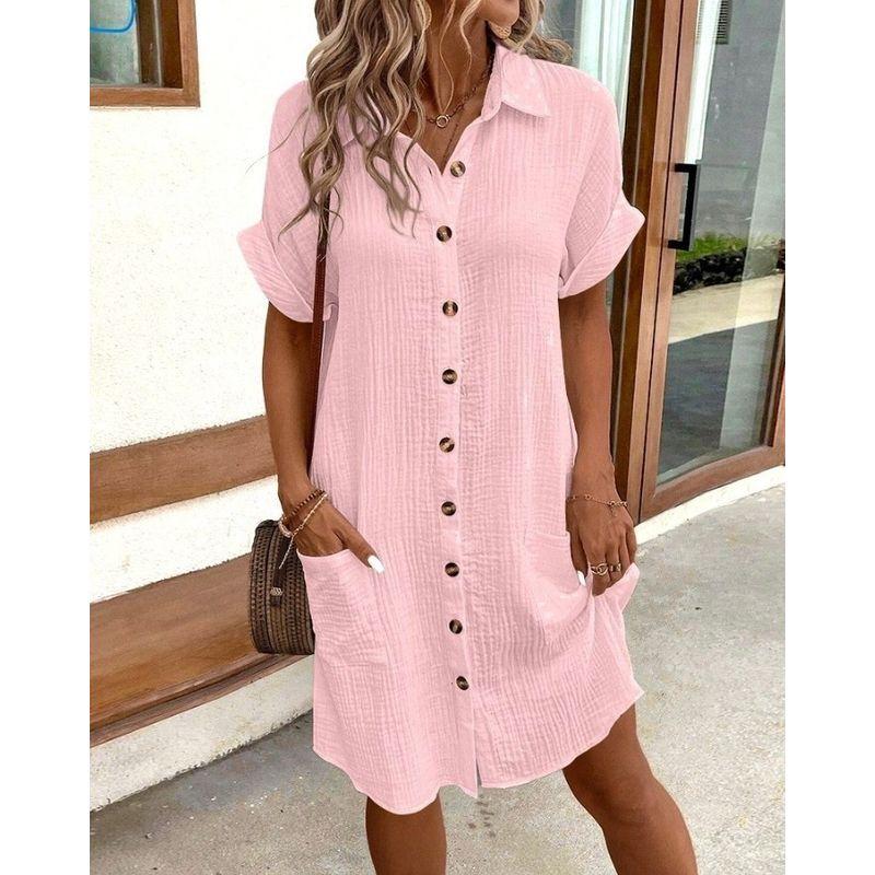 Western Style Fashion Casual Loose Short Sleeve Dress Single Breasted Short Dress Single Brewed Dress