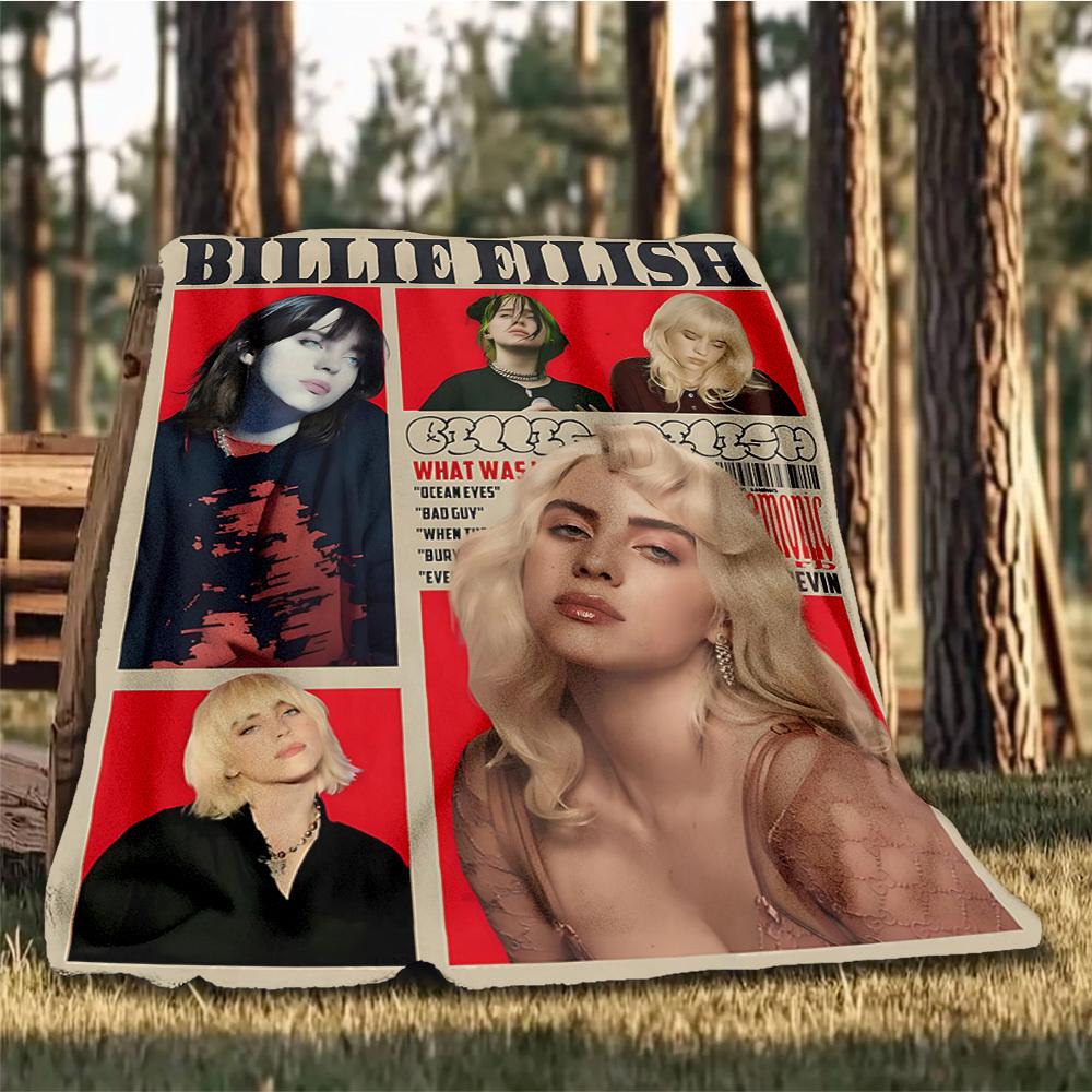 1pc Billie Eilish Outdoor Flannel Blanket, Cozy & Warm Soft Te Playful Design, Napping Camping,