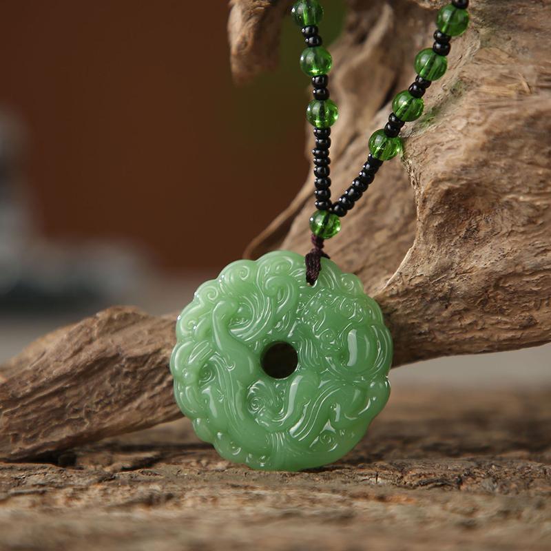 Chinese Amulet Artificial Jade Pixiu Phoenix Buddhist Retro Vintage Pendant Necklace Protect Charm Talisman Powerful Money Wealth Health Luck Jewelry
