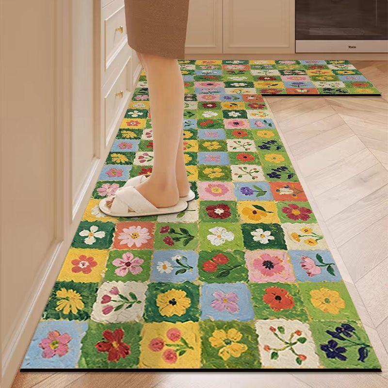 Fresh Flower Kitchen Rug Silica Clay Water and Oil Absorbing, Wear-resistant and Stain-resistant Floor Mat for Home Decor