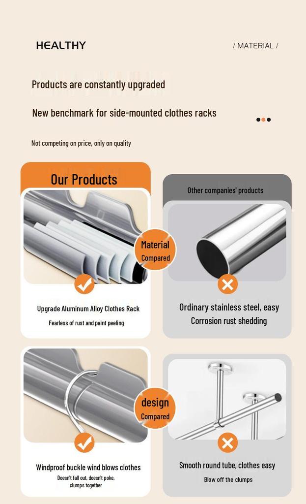 Aluminum Windproof Balcony Drying Rod - Top-Mounted, Hole-Punching Design for Secure Clothes Hanging