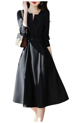 Mimi Long with Size L M's Women's A-Line Dress, Sleeves, Belt, Black,
