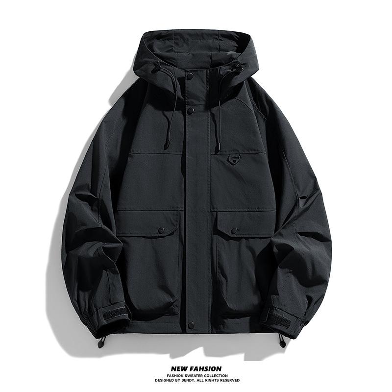 Jacket men's new spring and autumn solid color casual fattening plus size jacket loose hooded cargo men's coat