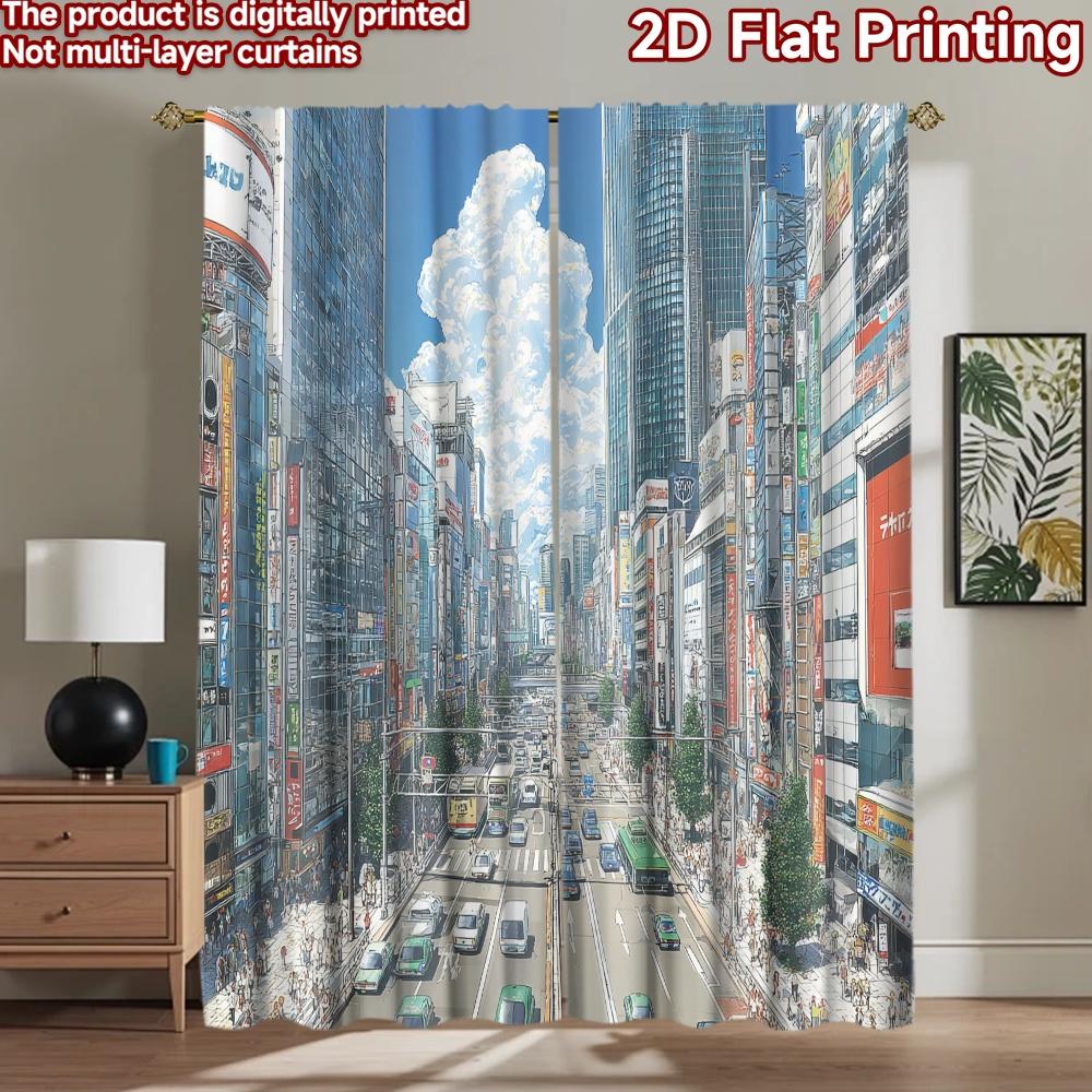 2D flat printing 2pcs Curtains Anime City Street Scene People Traffic Digital Printed Polyester Drapes Birthday Party Perfect