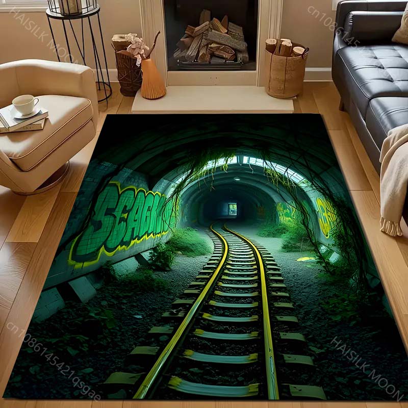 Dark Train Tunnel Printed Carpet for Bedroom Living Room Bedside Sofa Floor Mat Modern Home Decor Area Rug Large Size