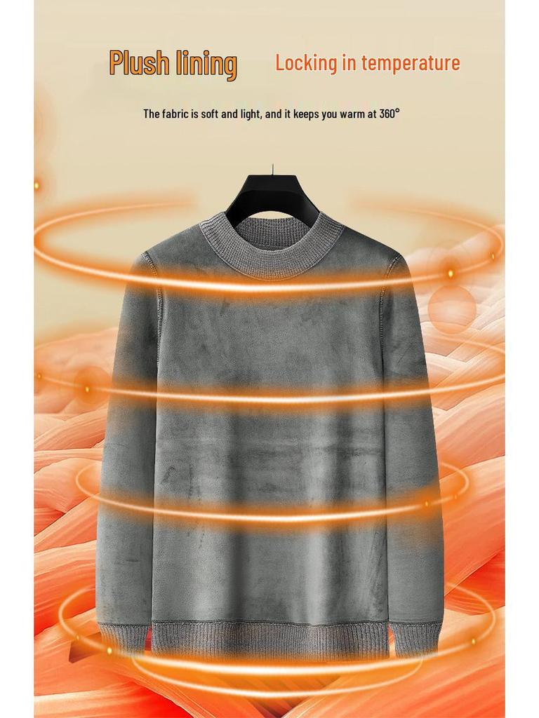 2025 Winter Men's Embroidered Fleece Sweater - Round Neck, Plus Velvet Chenille Knit, Thickened Base Layer Top