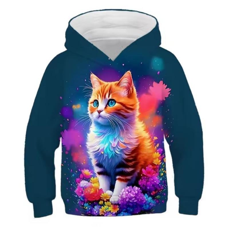 Hoodies Cute Kitten Flowers Print Girls Sweatshirt Stretch Comfortable Fit Long Sleeve Autumn Winter Pullover Tops Youth Kids
