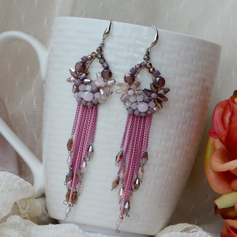 Boucles d'oreilles perlées Cristal Rondeur Chaîne à pompon Tricot à la main Bohème Alliage Mode Simple Boucles d'oreilles perles de riz