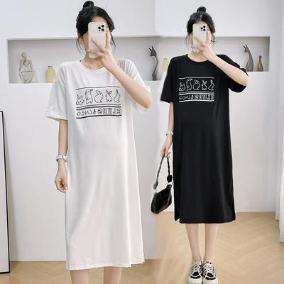 Loose-fitting Large-sized Women's Round-neck Short-sleeved T-shirt Dress, Long Laid-back Style Dress, Knee-length Sleeping Dress