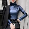 European Station Autumn and Winter Velvet Thickened Leather Jacket Turtleneck Bottoming Shirt Women's Versatile Long-sleeved Top Small Shirt Trendy