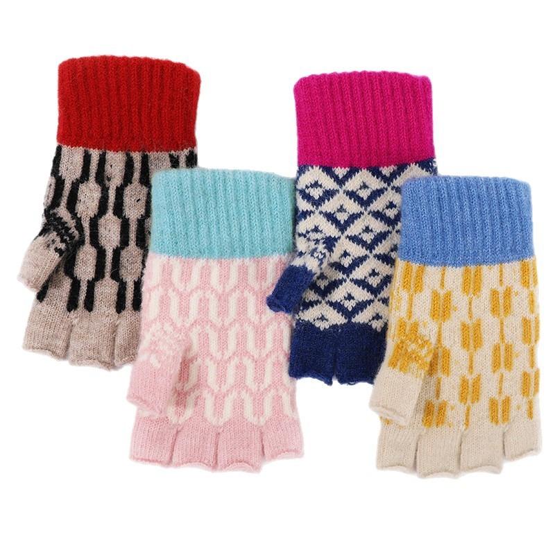 Winter Knitted Gloves Women's Color Matching Half-finger Gloves Female Student Thermal Gloves Men's Versatile Bare-finger Gloves Women
