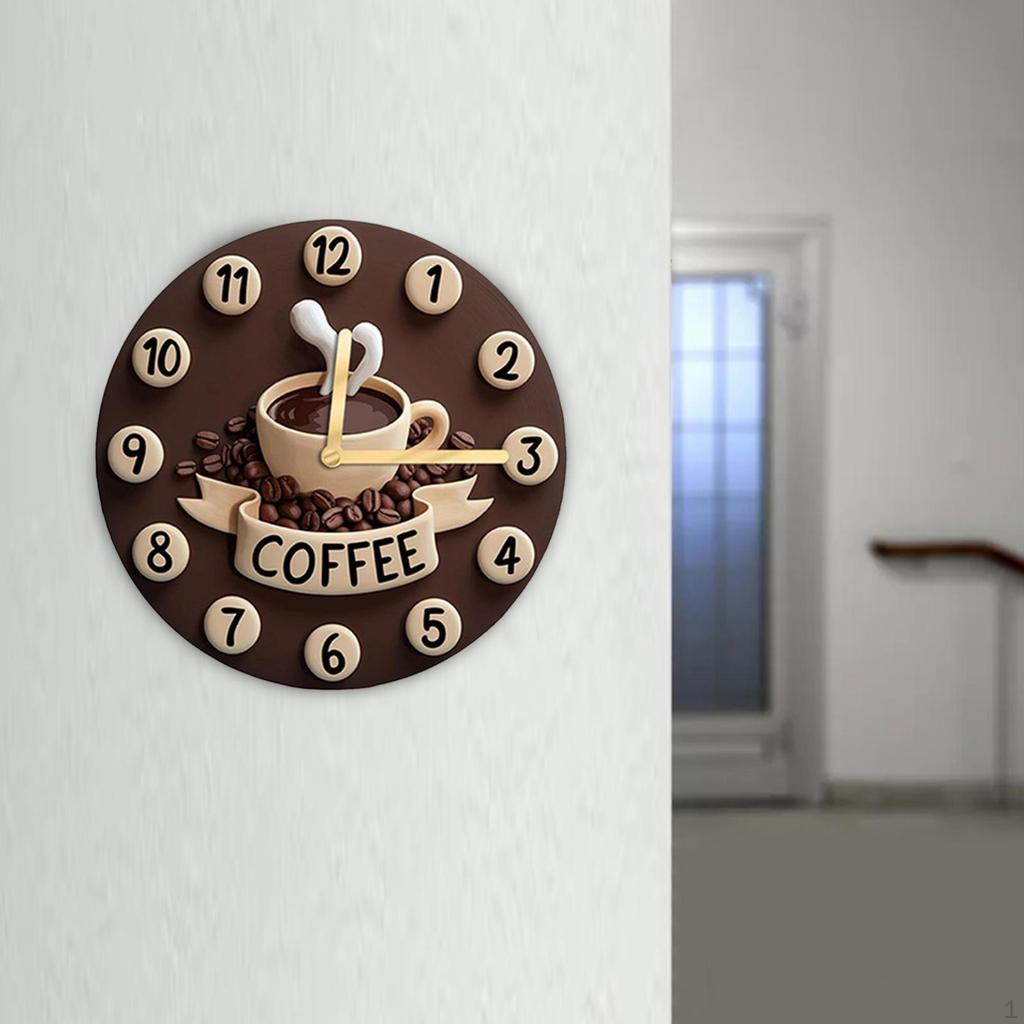 Coffee Cup Wall Clock Hanging Decor 2D Ornament Farmhouse Collection Wooden Quiet for Kitchen