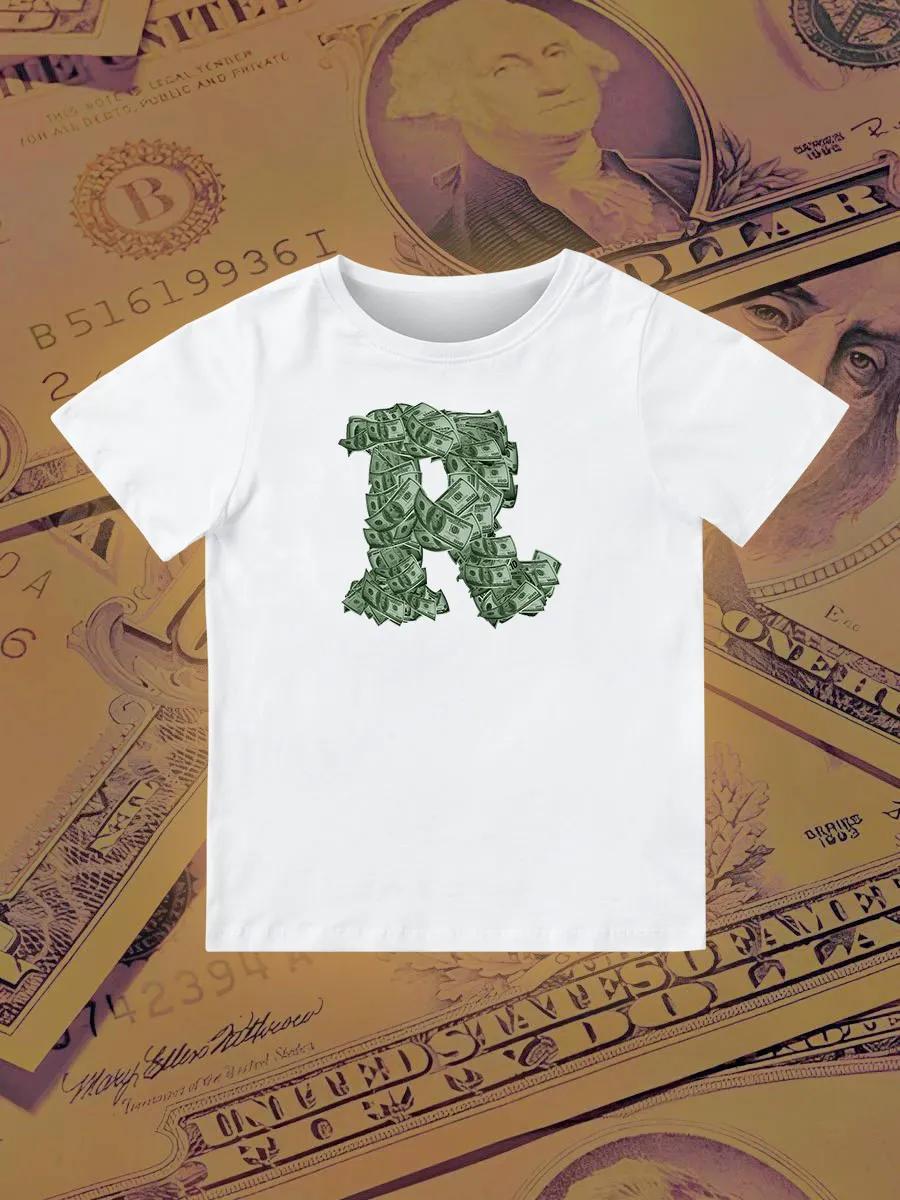 Round Neck Printed Pattern Pullover Short Sleeve Kids Tops Money Letter R 170