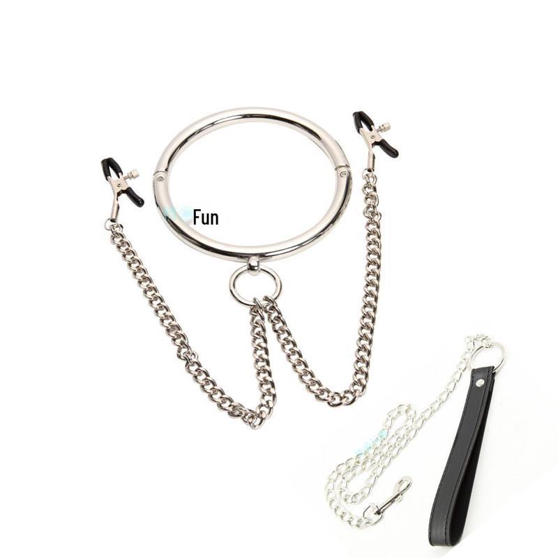 Metal Traction Collar with Nipple Clamps for BDSM Slave Training