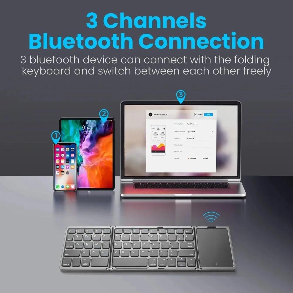 Tri-fold Keyboard with Touchpad Three Bluetooth Keyboard Portable Mini Keyboard Rechargeable Keyboard for PC Windows Android IOS