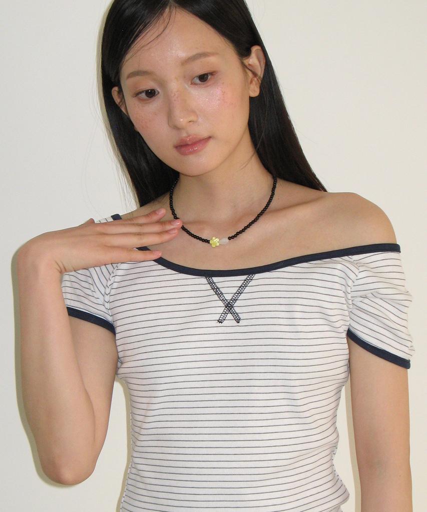 RONRON Stitch Stripe Off Shoulder T Shirt White