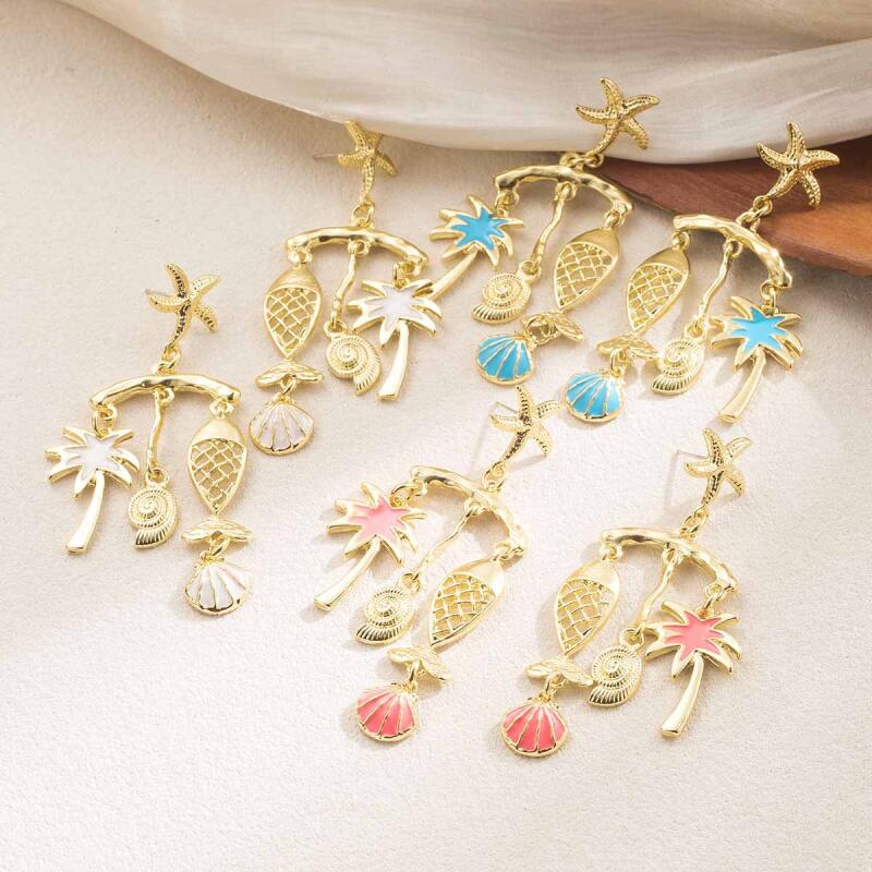 Bohemian Metal Shell Starfish Drop Earrings for Women Lady Ocean Beach Style Dangle Earrings Vacation Party Jewelry Accessories