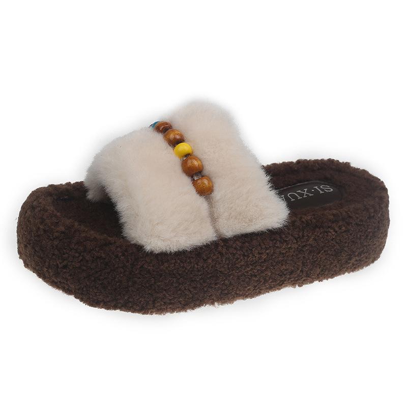 

Thick bottom beautiful fashion plush slippers women s autumn and winter wear high-end new models 35 бежевый