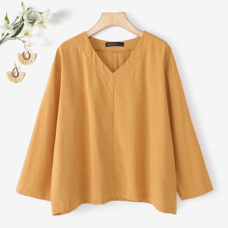 ZANZEA Women Loose Casual V-Neck Solid Color 3/4 Sleeve Cotton Blouse