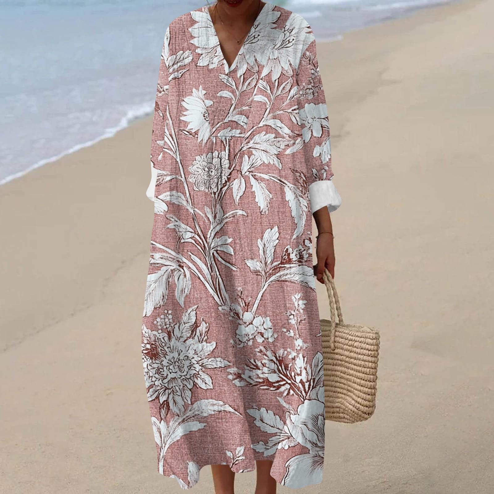 

Женское повседневное модное платье макси с V-образным вырезом и длинными рукавами с цветочным принтом L