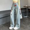 Women's Light Color Wide-Leg Jeans with Heavy Embroidery - Spring/Autumn Cartoon Style