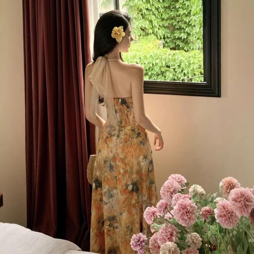 French Oil Painting Printing Halter Neck Dress Women's First Love Long Dress Gentle and Beautiful Beach Dress Summer
