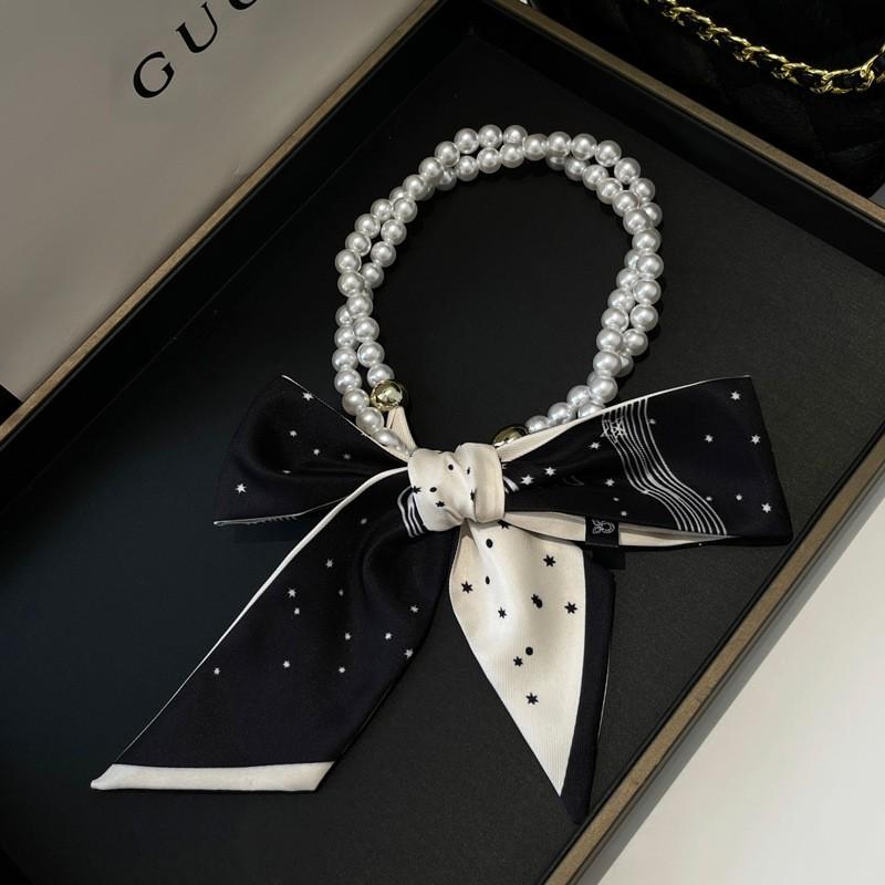 Vintage Pearl Necklace With Silk Scarf Necklace