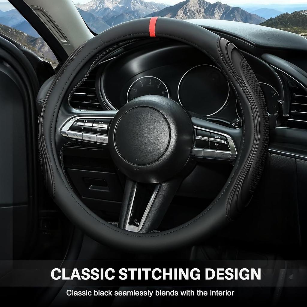 XCBYT Steering Wheel Cover - Black Leather Steering Wheel Wrap Great Grip With 3D Honeycomb Quick And Effortless Tallation Non-Slip Silicone Inner
