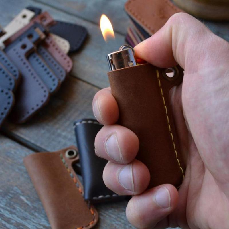 Genuine Cowhide Leather Lighters Case Holder For Cricket Lighters Sleeve Cover Leather Case With Metal Shackles
