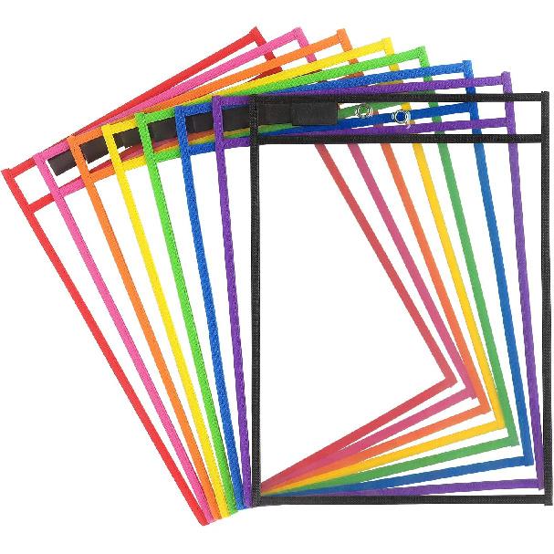 Tamaki 8 Pack Dry Erase Pockets Sleeves with Rings, 10 x 14 Inch Ticket Holders Clear Plastic Sheet Protectors for Teacher Classroom Supplies, 8