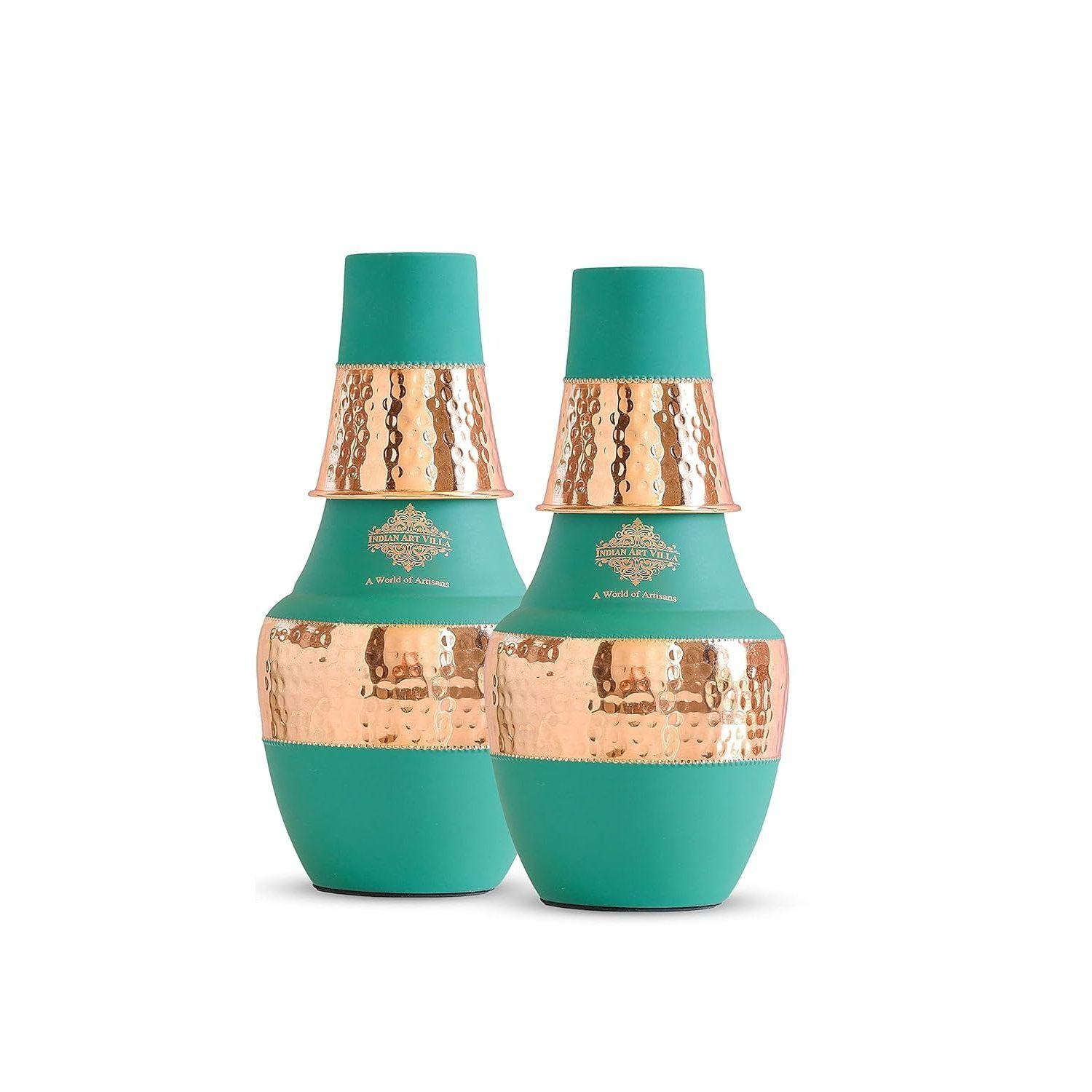 

Pure Copper Bottle with Inbuilt Glass, Surahi Design Green Half Silk Half Hammered Finish, Drinkware & Storage Purpose - Volume 1.25 Litre (Pack of 2)