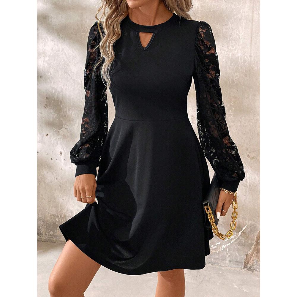 Dámské módní společenské šaty Elegantní černé krajkové rukávy A-line šaty Dlouhý rukáv Formální koktejlové šaty