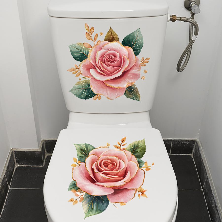 Luxury Gold Rim Floral Toilet Tank and Seat Decoration Sticker Self-Adhesive Easy Peel Removable for Bathroom WC