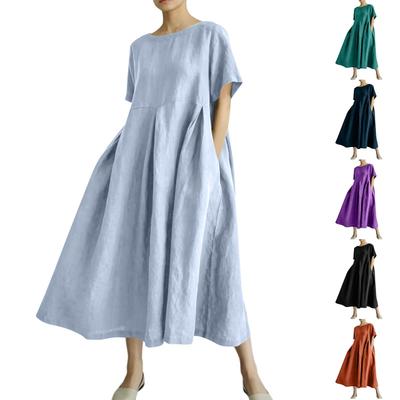 Vestido Casual de Moda para Mujer, Holgado, de Manga Corta, Longitud Media, con Bolsillos