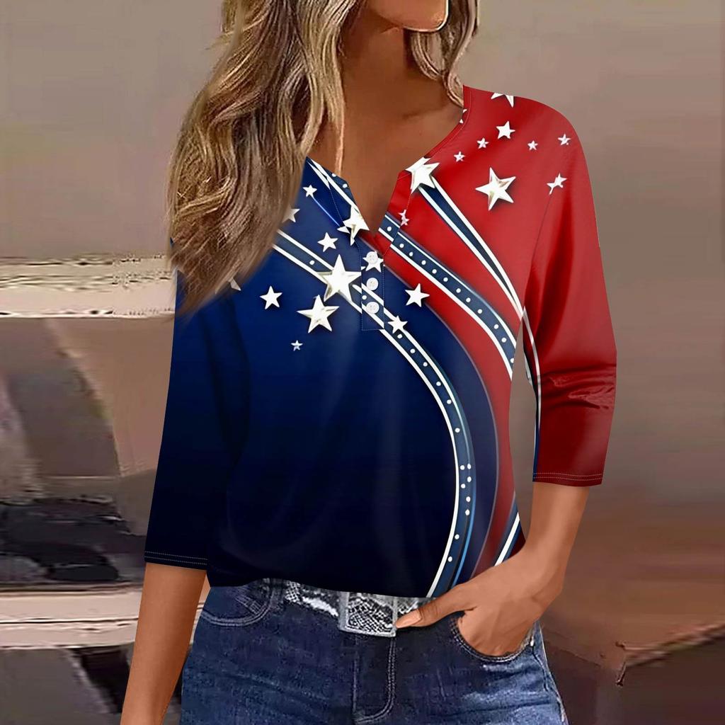 Women's Fashion Button V Neck Seven Sleeve Independence Day Printed Top