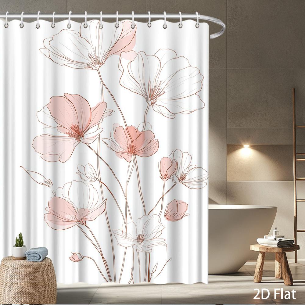 

1Pc Floral Shower Curtain – Pink Outline On White, 2D Flat Print, Polyester Bathroom Decor, 72 X72 , W/12 Hooks W60H190(CM)-1 Pcs