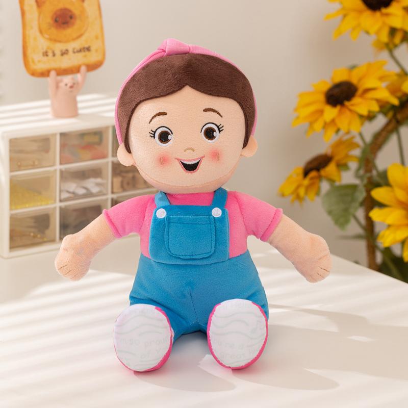 Stofftier Kawaii Mädchenpuppe Rosa Schleife Blaue Latzhose Sitzende Haltung Weicher Plüsch Limitierter Stil Sammlerstück Sammlung Ausstellungsfigur 23cm