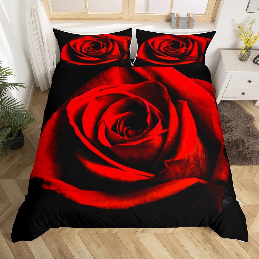 Valentine's Day Duvet Cover Set King Size,Red Truck Heart Tree Bedding Set,Rose Flowers Trailer Comforter Cover Romantic Gifts