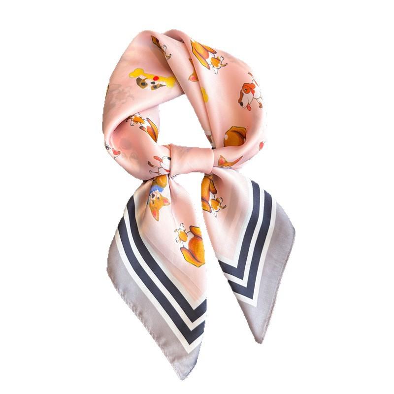 Cute Dog High-end Small Square Scarf Square Scarf Silk Scarf Simulation Silk Printing Atmosphere Shawl Neck Headscarf Scarf Women's Sun Protection