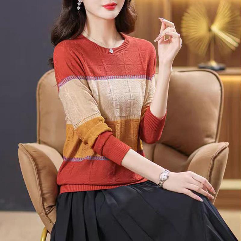 Striped Thin Knit Sweater Top Autumn Women's Color-blocked Crew Neck Pullover Sweater Women's Base Layer