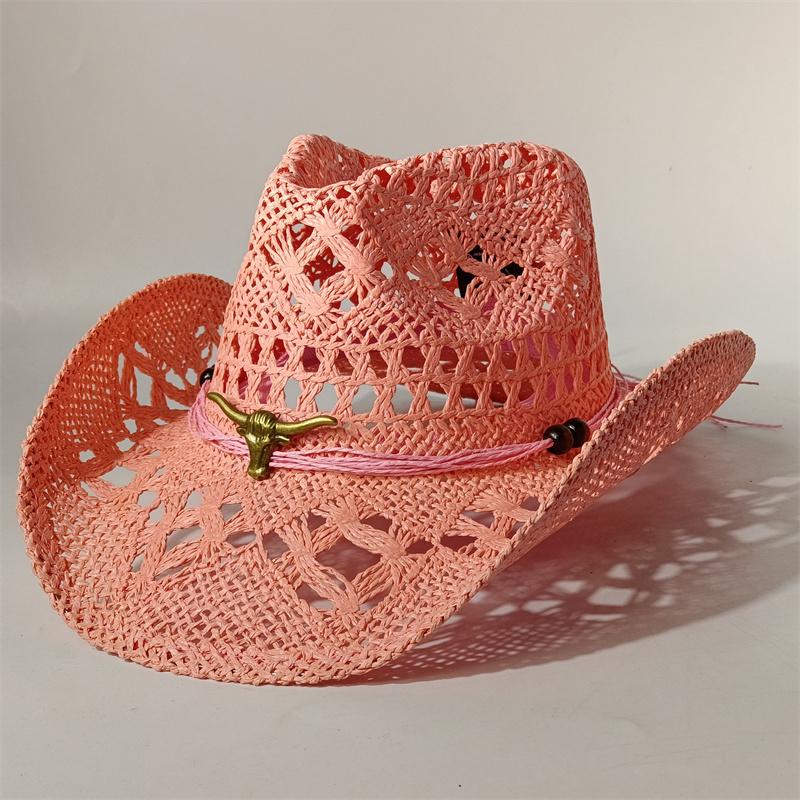 Chapeau de cowboy western en paille pour femmes hommes Classique Vintage Ajouré Unisexe Bord large recourbé Chapeau de soleil Chapeau de pêche Casquette d'escalade 55-58CM