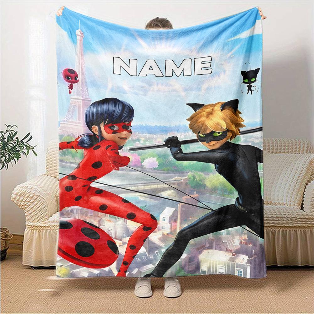 Custom Name Miraculous Tales of Ladybug Cat Noir Theme Printed Blanket - Perfect for Couch, Bed, Travel & Outdoor Use | Machine Washable, Cozy & Durab