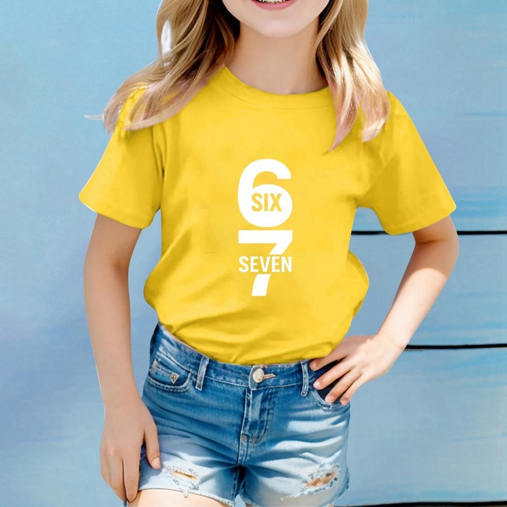Children Funny Six Seven 67 Meme Print T-Shirt for Kids Humor Round Neck Tee Novelty Gift Girl Top Fashion Children's Clothing