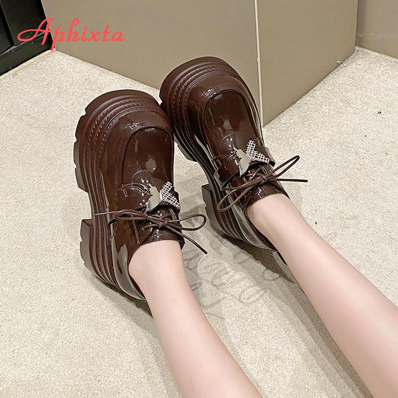 Aphixta 10cm Super High Women Autumn Boots Butterfly Lace Up Women Shoes Thick Botton Sole Boot Patent Leather Footwear