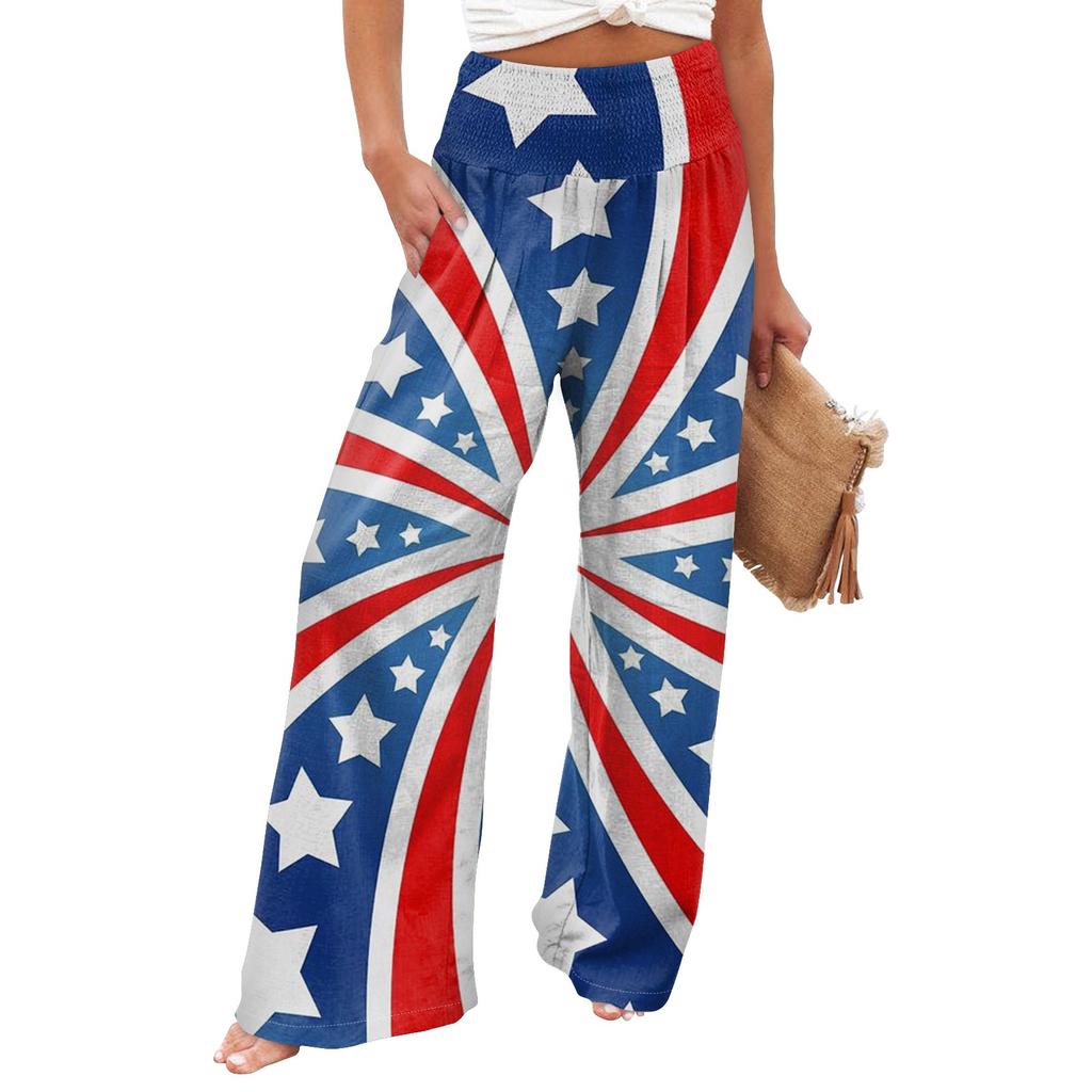 Women's Straight Leg Women's Elastic Waist Pants Loose Casual Printed Pants With Pockets