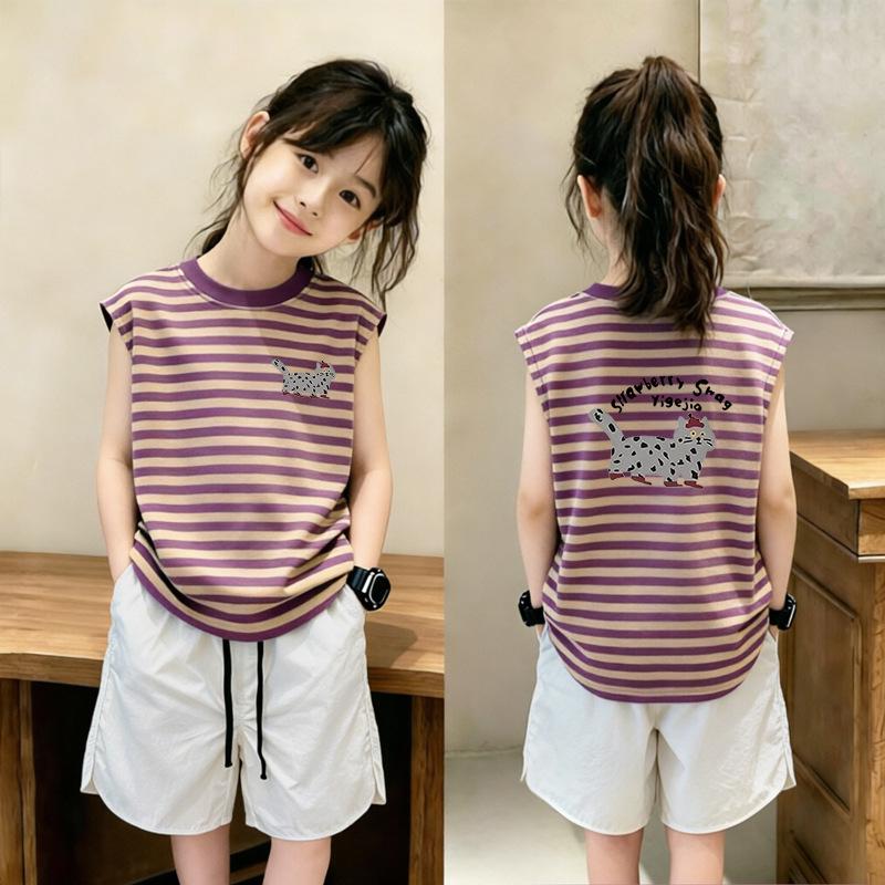 New Stylish Girls' Patchwork Stripe Sleeveless Tank Top Set - Medium & Large Sizes for Casual Summer Wear